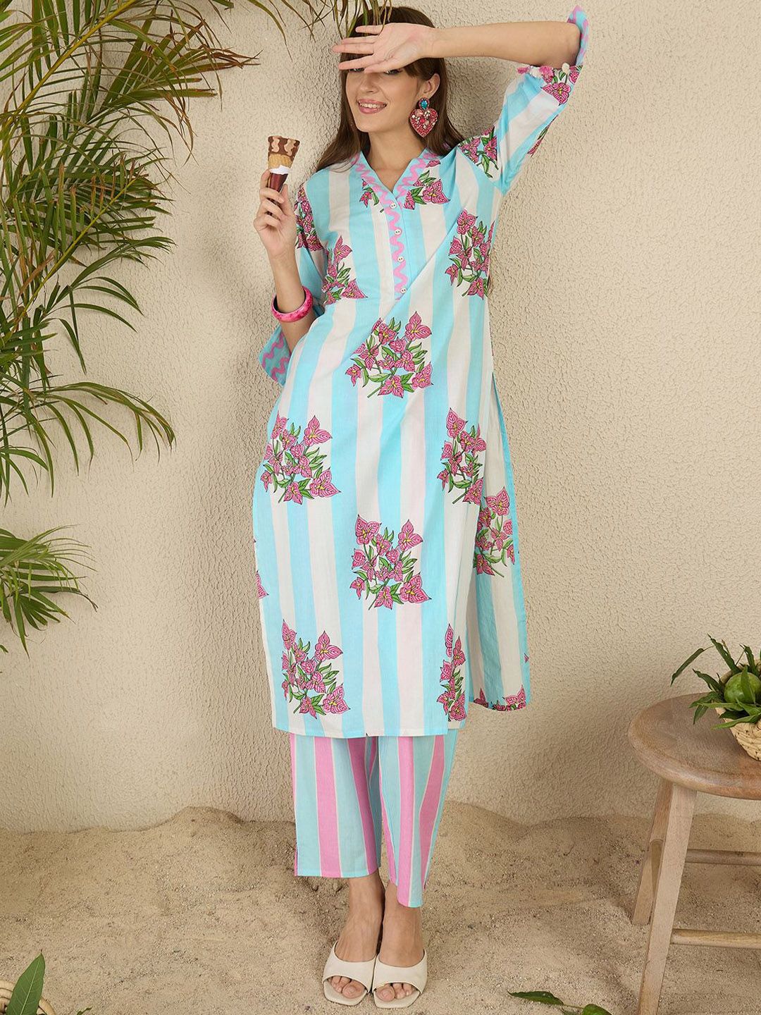 Dhiyona IE Printed Pure Cotton Straight Tunic & Trousers Co-Ord Set