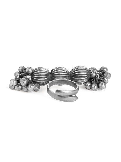 Dhiyona RJ Women's Oxidised Silver-Plated Ghungroo-Studded Handcrafted Adjustable Finger Ring