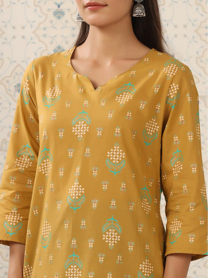Dhiyona OD  Mustard Yellow & Teal Printed Pure Cotton Kurta with Palazzos