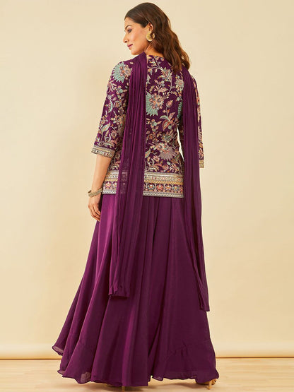 Dhiyona SO Women's Embroidered Regular Thread Work Straight Kurta with Sharara & With Dupatta