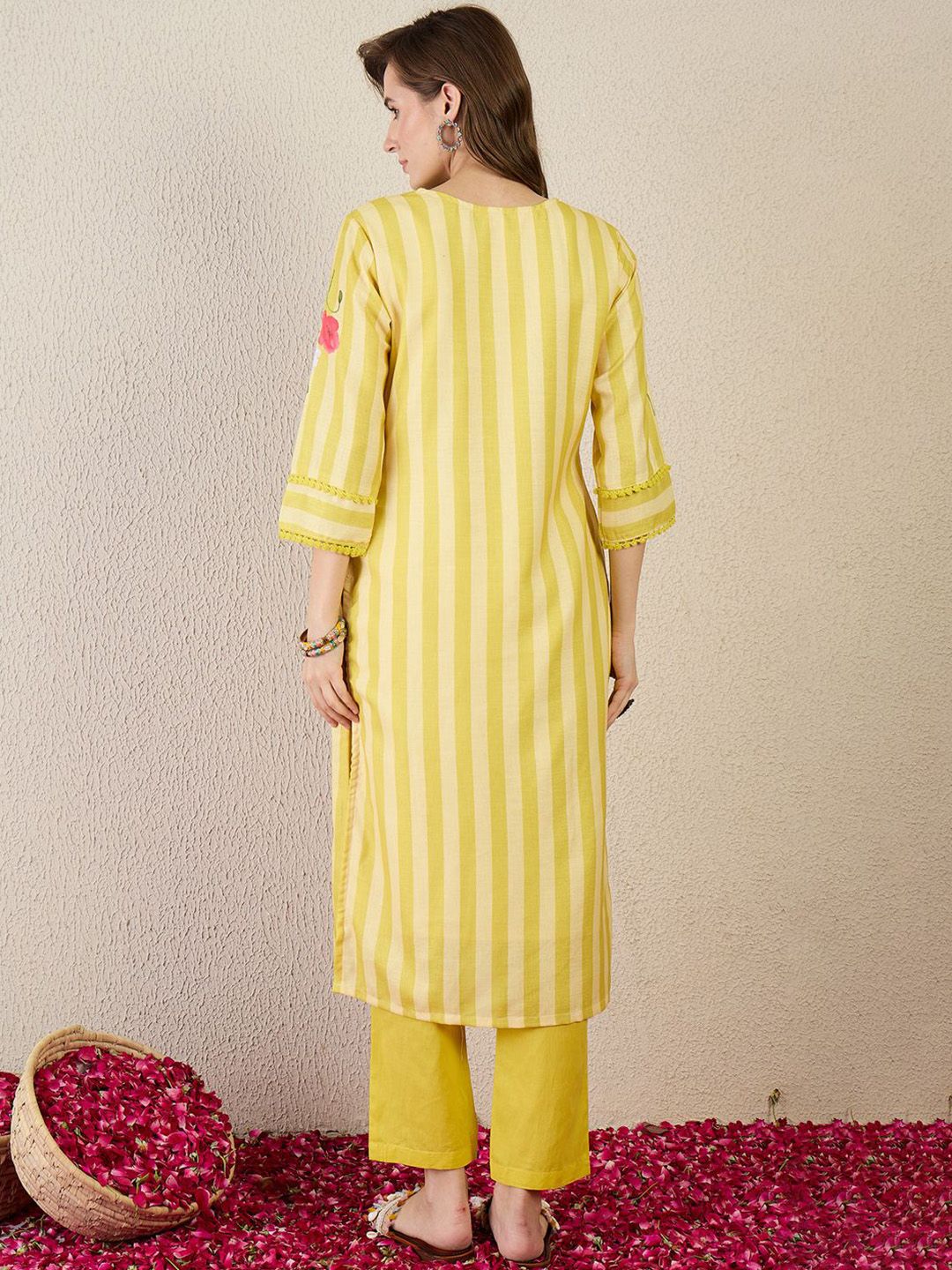 Striped V-Neck Linen Straight Kurta With Trouser