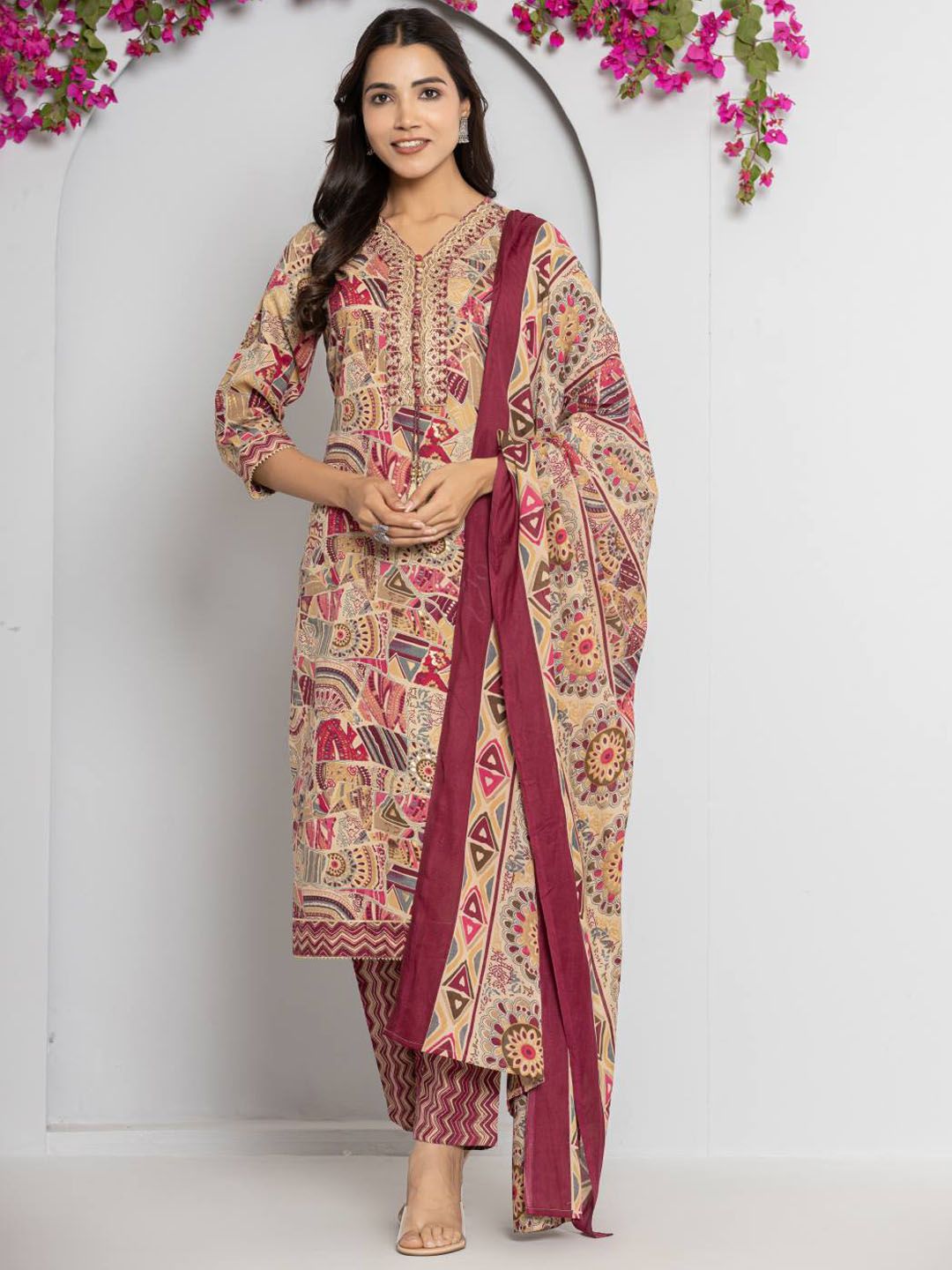 Dhiyona VA Women's Abstract Printed Neck Embroidered Regular Kurta with Trouser & Dupatta