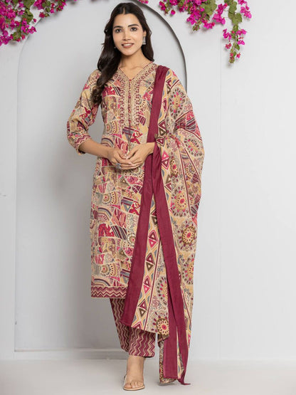 Dhiyona VA Women's Abstract Printed Neck Embroidered Regular Kurta with Trouser & Dupatta