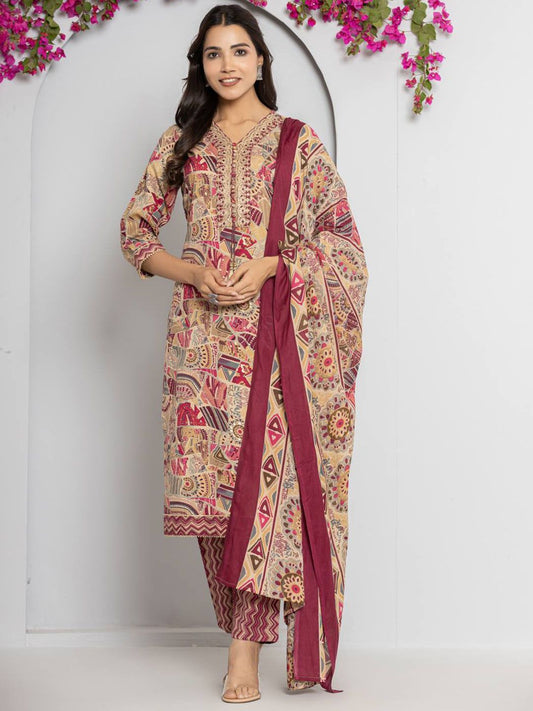 Dhiyona VA Women's Abstract Printed Neck Embroidered Regular Kurta with Trouser & Dupatta