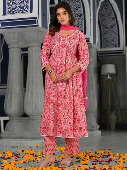 Dhiyona VA Women's Floral Printed Pleated Pure Cotton Kurta with Trousers & With Dupatta