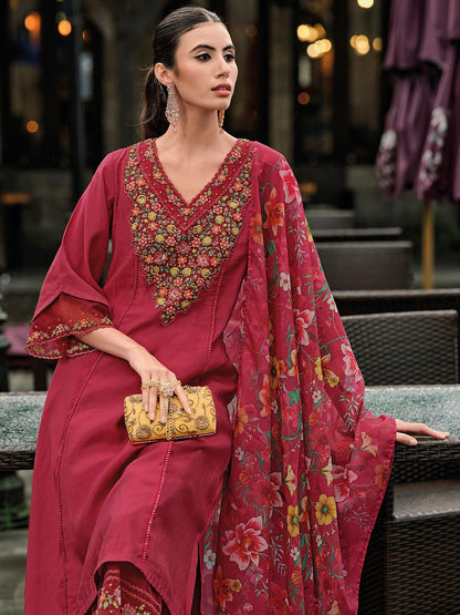 Dhiyona IE Floral Embroidered Panelled Thread Work A-Line Kurta With Trousers & Dupatta