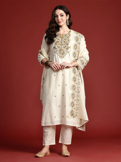 Dhiyona IE Floral Embroidered Thread Work Pure Cotton Kurta with Trousers & Dupatta