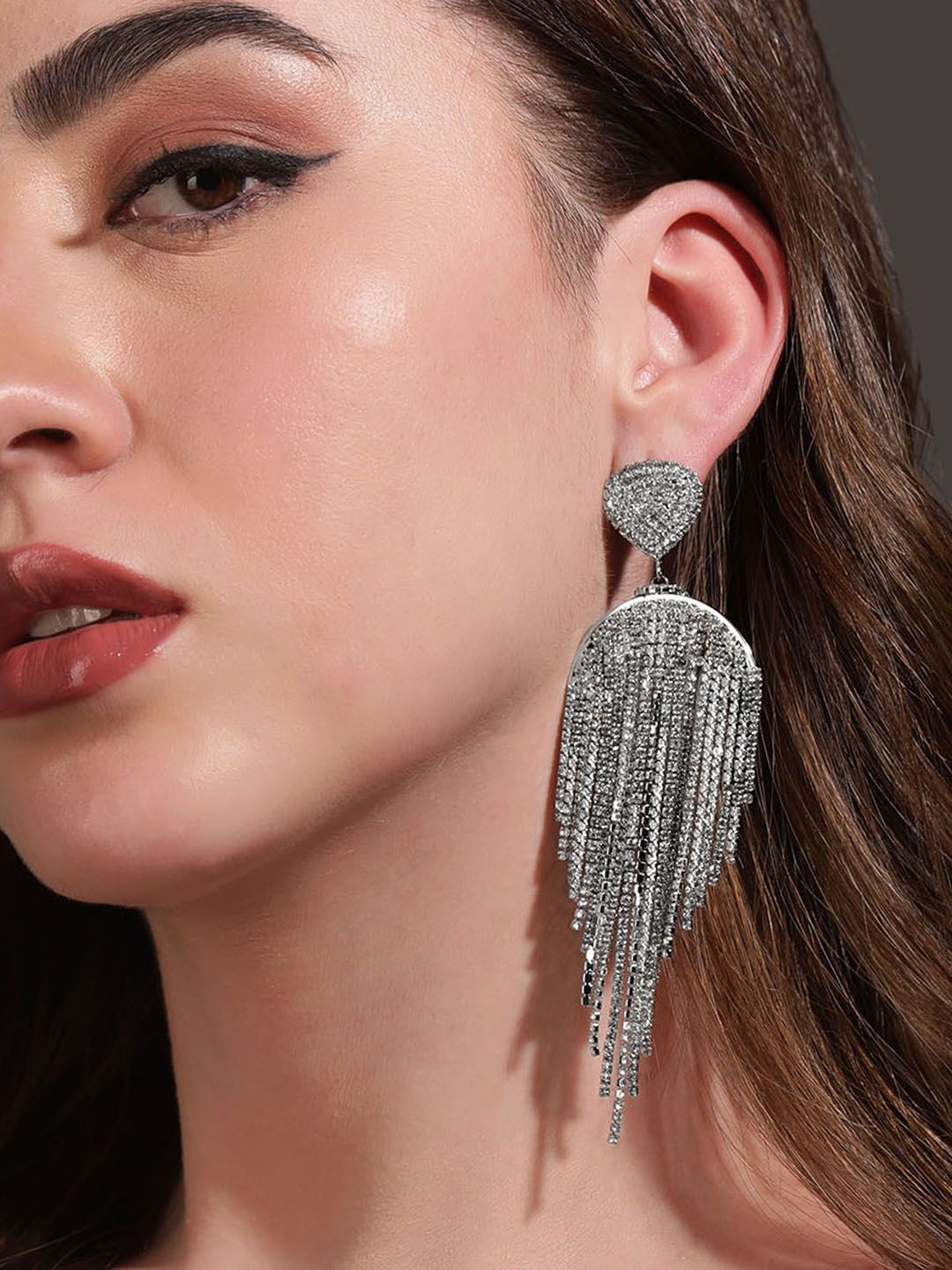 Dhiyona RJ Women's Rhodium Plated Multilayered Drop Earrings
