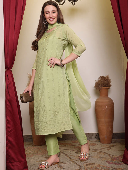 Dhiyona PD Women Chikankari Embroidered Straight Kurta With Trouser & Dupatta Set