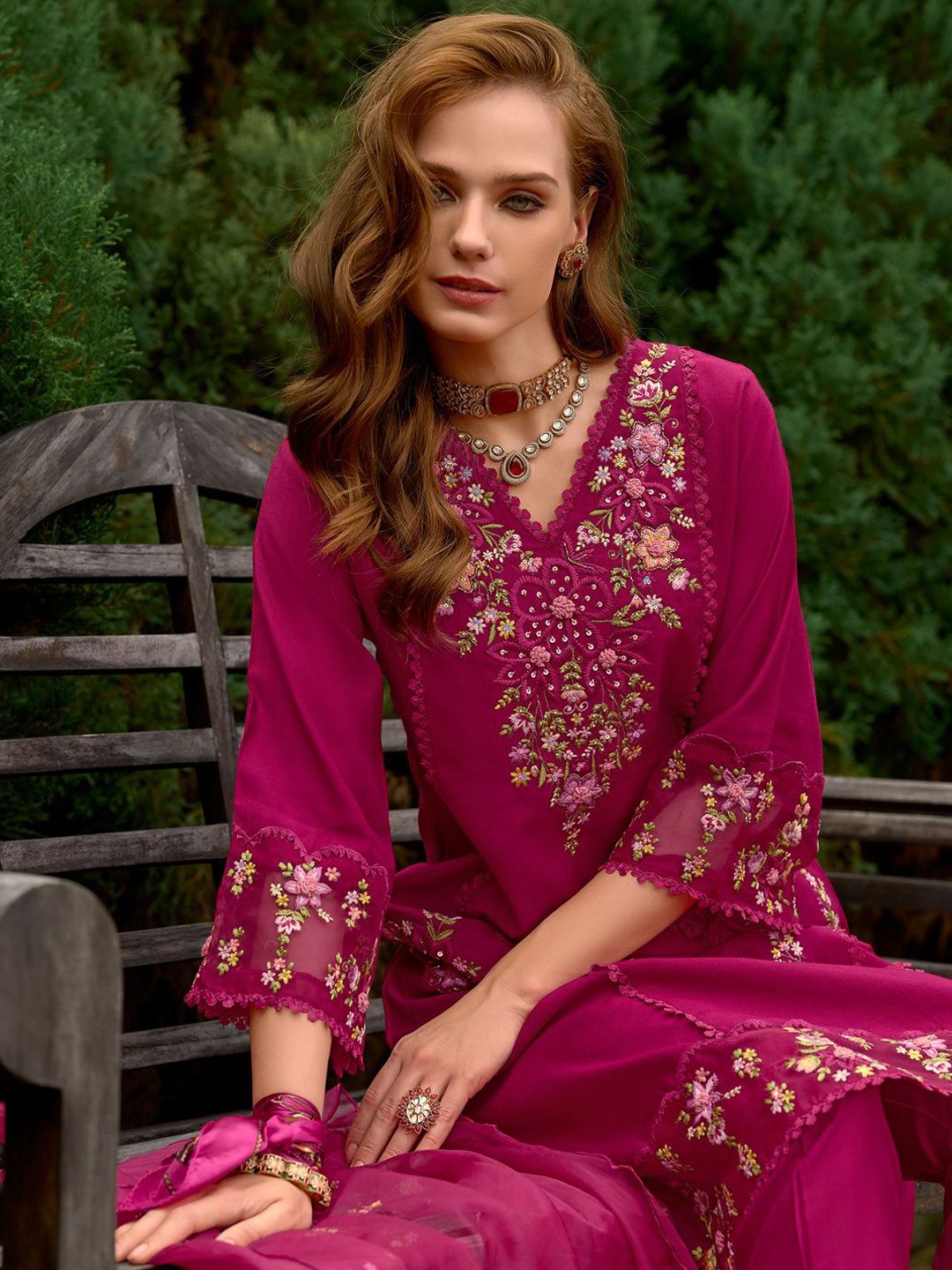 Dhiyona IE Women Floral Embroidered Panelled Sequinned Kurta with Trousers & With Dupatta
