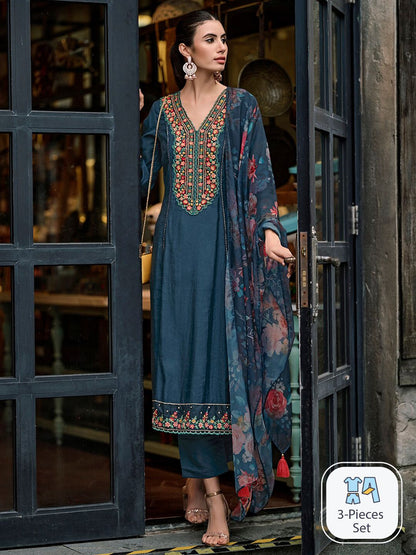 Dhiyona IE Floral Embroidered Panelled Thread Work A-Line Kurta With Trousers & Dupatta