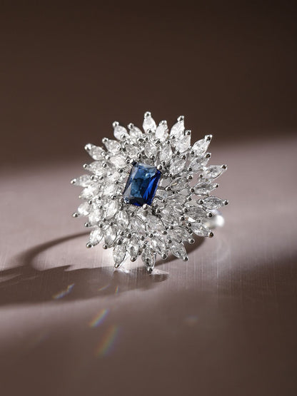 Dhiyona RJ Women's Rhodium-Plated Blue Sapphire & White CubicZirconia Studded Adjustable Cocktail Ring