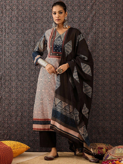 Dhiyona IE Women Ethnic Motifs Printed Regular Beads and Stones Pure Cotton Kurta with Trousers & With Dupatta