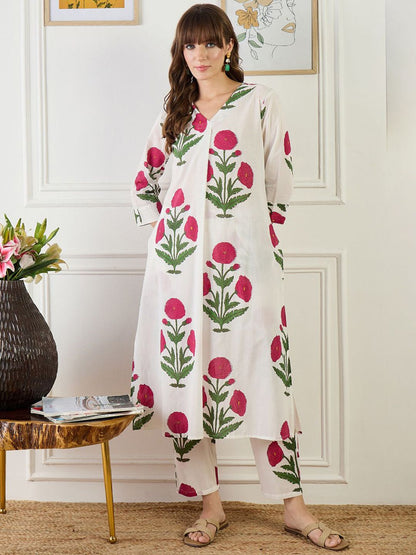 Floral Printed V-Neck Pure Cotton A-Line Kurta With Trouser