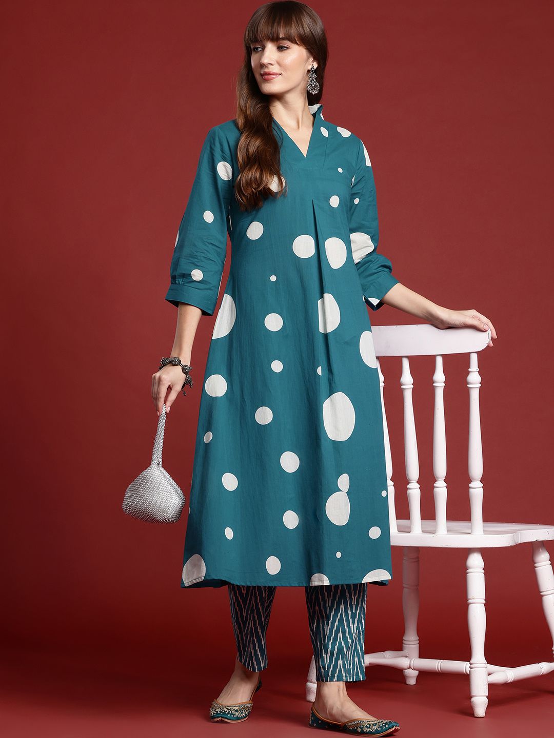 Printed Pleated Pure Cotton Kurta with Trousers