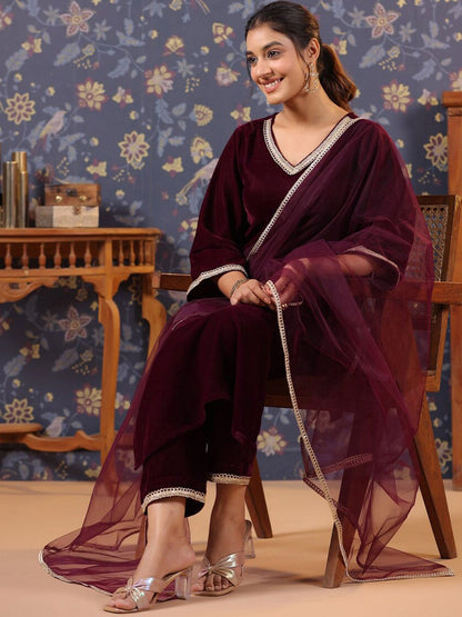 Dhiyona PD Women V-Neck Straight Velvet Kurta & Trousers With Dupatta