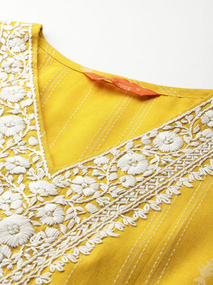 Dhiyona IE Ethnic Motifs Embroidered Thread Work Pure Cotton Kurta with Trousers