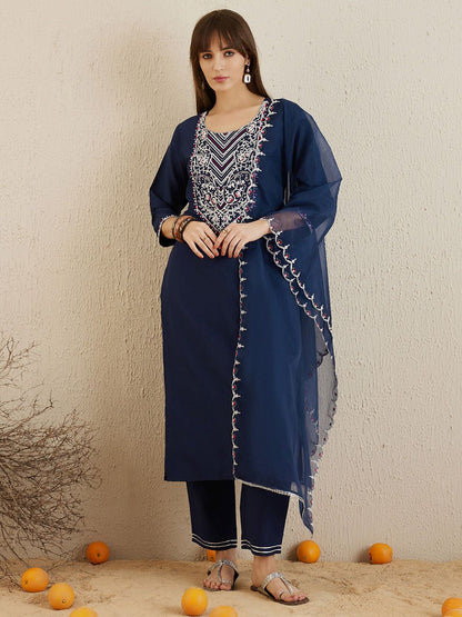 Dhiyona IE Navy Blue Embroidered Yoke Design Aari Work Kurta With Trousers & Dupatta