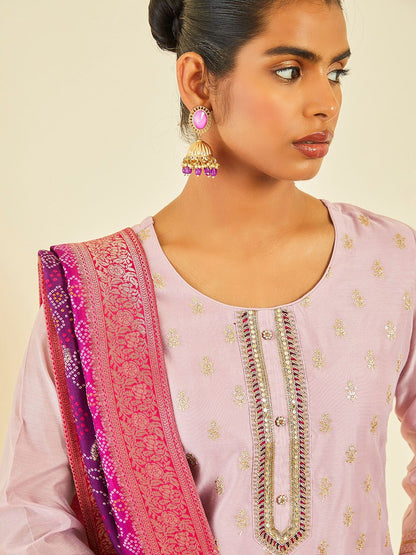 Dhiyona SO Women's Ethnic Motifs Embroidered Sequinned Detail Chanderi Silk Straight Kurta Set