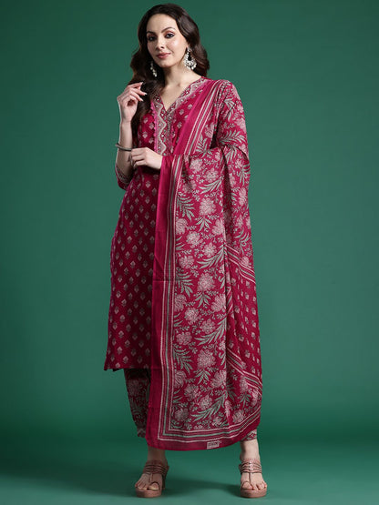 Dhiyona IE Women Floral Printed Regular Pure Cotton Kurta with Salwar & With Dupatta