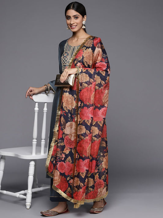 Dhiyona VA Women's Grey Ethnic Motifs Yoke Design Mirror Work Kurta with Trousers & With Dupatta