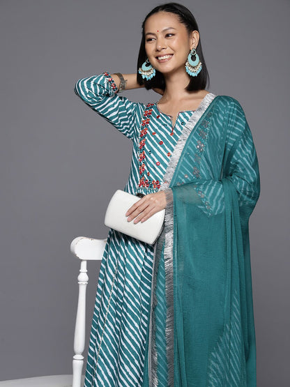 Dhiyona VA Women's Leheriya Striped Regular Mirror Work Cotton Kurta With Trousers & Dupatta