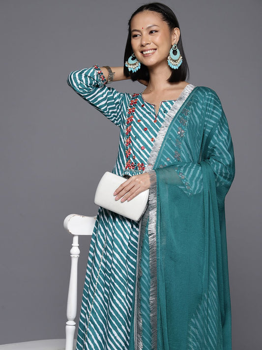 Dhiyona VA Women's Leheriya Striped Regular Mirror Work Cotton Kurta With Trousers & Dupatta