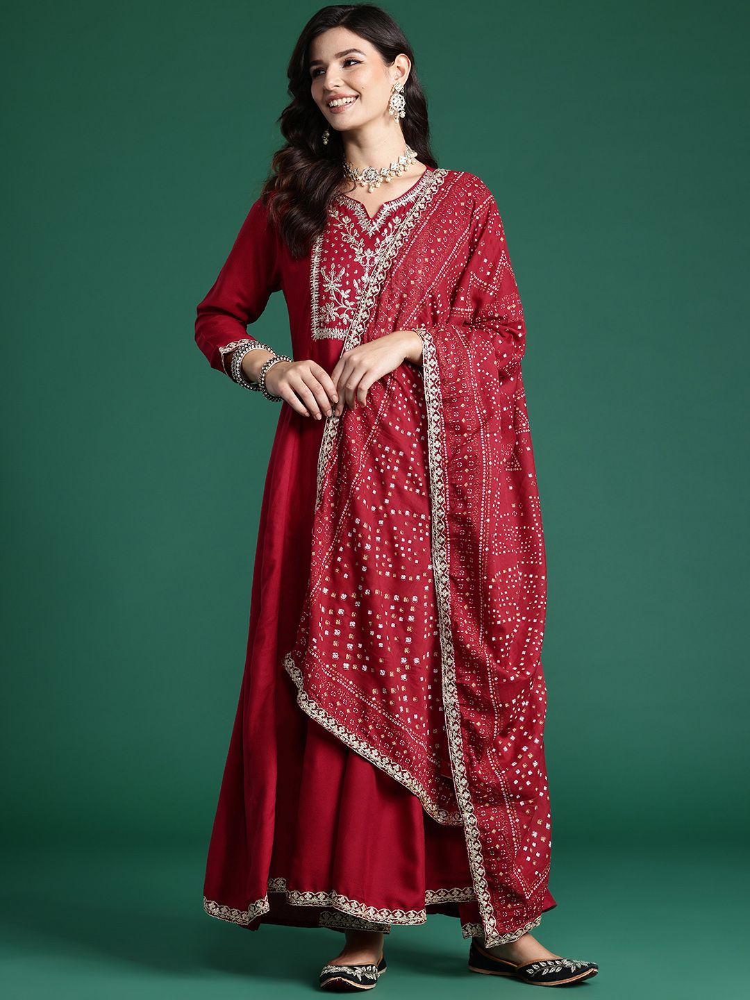 Floral Yoke Design Sequinned Kurta With Trousers & Dupatta