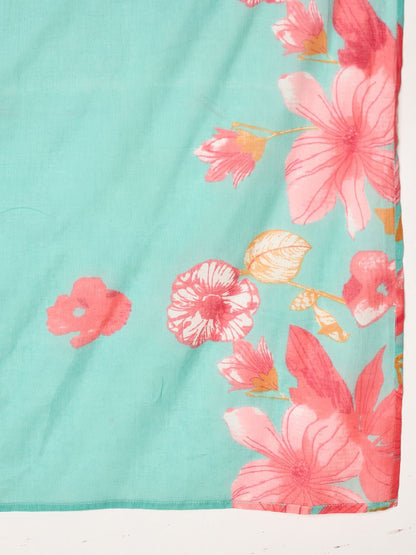 Floral Printed Pure Cotton Anarkali Kurta With Trousers & Dupatta