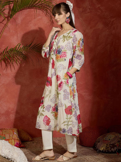 Dhiyona IE Printed Pure Cotton A-Line Tunic & Trousers Co-Ord Set