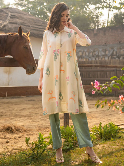 Dhiyona IE Floral Printed Shirt Collar Pure Cotton A-Line Kurta With Trouser