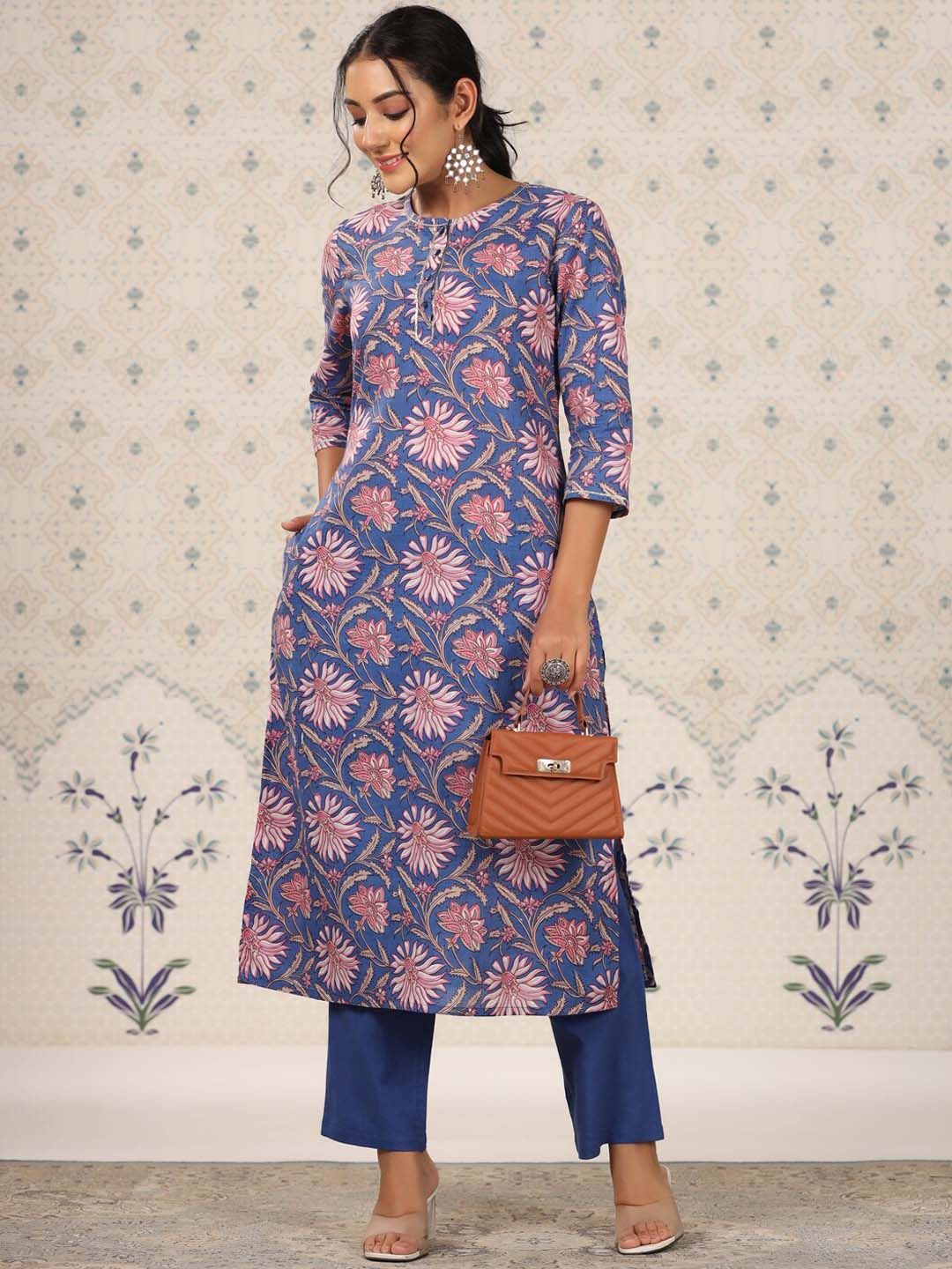 Dhiyona OD  Blue Floral Printed Regular Pure Cotton Kurti with Trouser