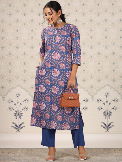 Dhiyona OD  Blue Floral Printed Regular Pure Cotton Kurti with Trouser