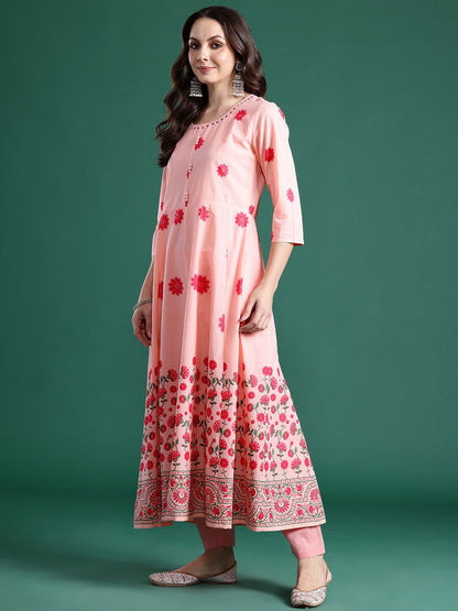 Floral Printed Beads & Stones Pure Cotton Kurta With Trousers & Dupatta