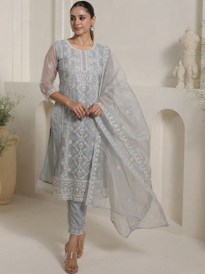 Floral Embroidered Thread Work Organza Straight Kurta & Trousers With Dupatta