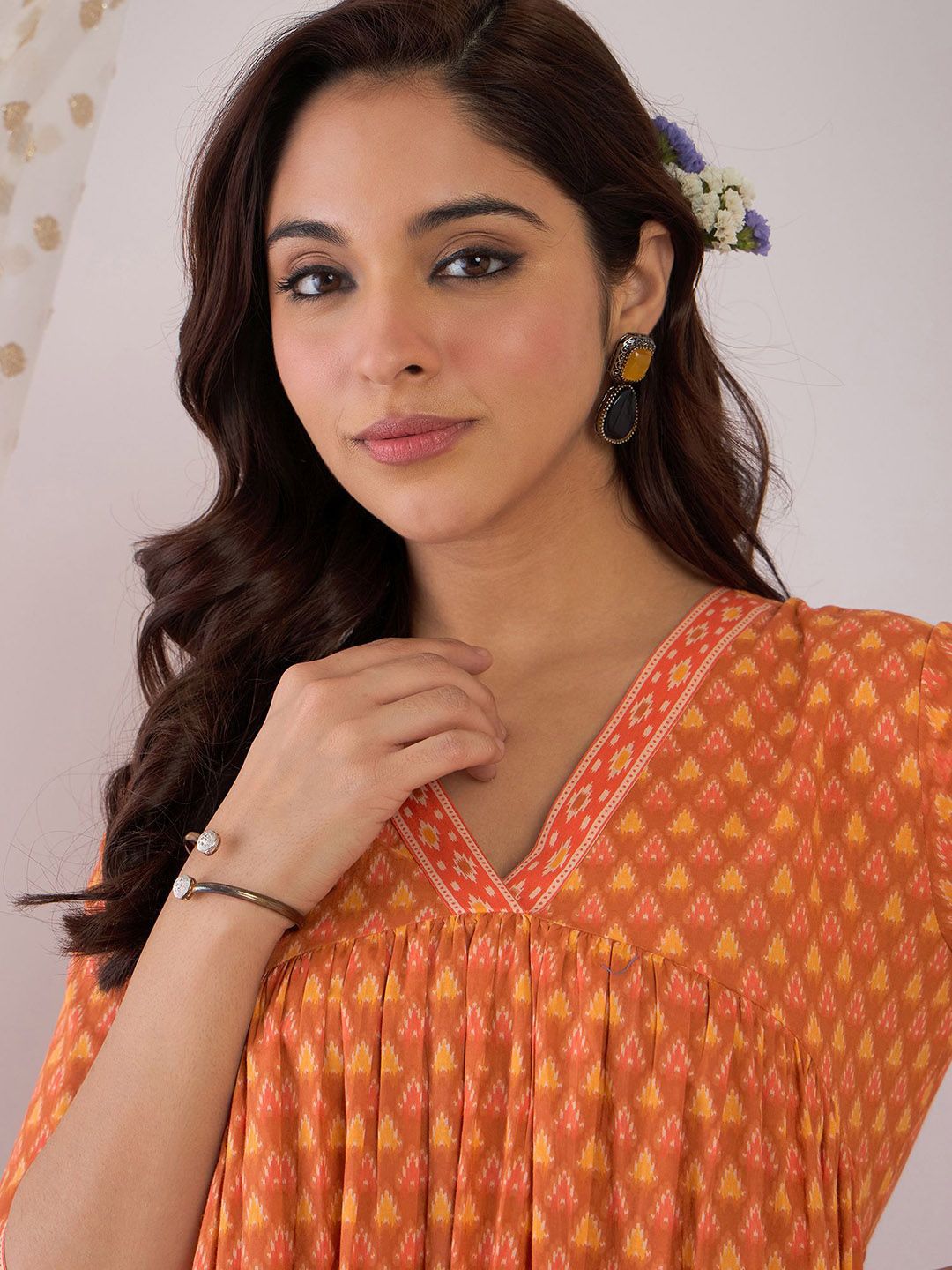 Dhiyona IE Floral Printed Pure Cotton V Neck A-Line Tunic And Trousers