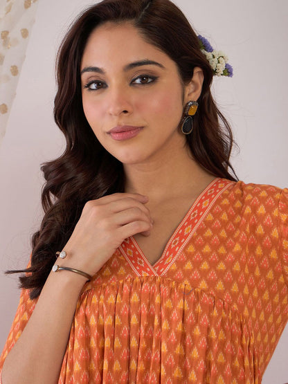 Dhiyona IE Floral Printed Pure Cotton V Neck A-Line Tunic And Trousers