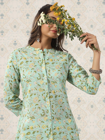Dhiyona OD  Floral Printed Band Collar Pure Cotton Kurta