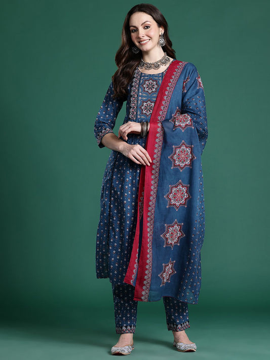Dhiyona IE Ethnic Motifs Printed Mirror Work Pure Cotton Kurta with Trousers & With Dupatta