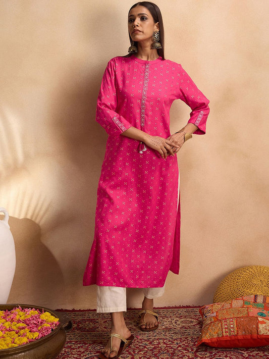 Dhiyona IE Ethnic Motifs Printed Mirror Work Straight Kurta