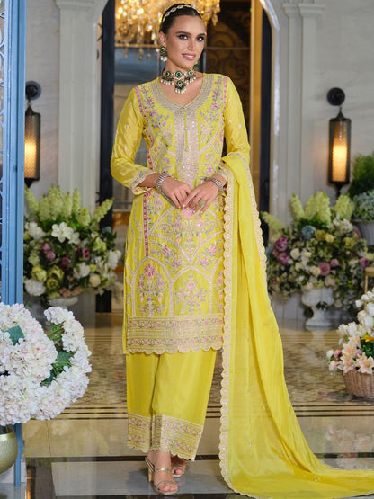 Adults-Women Woven Design Embroidered Kurta with Palazzos & Dupatta