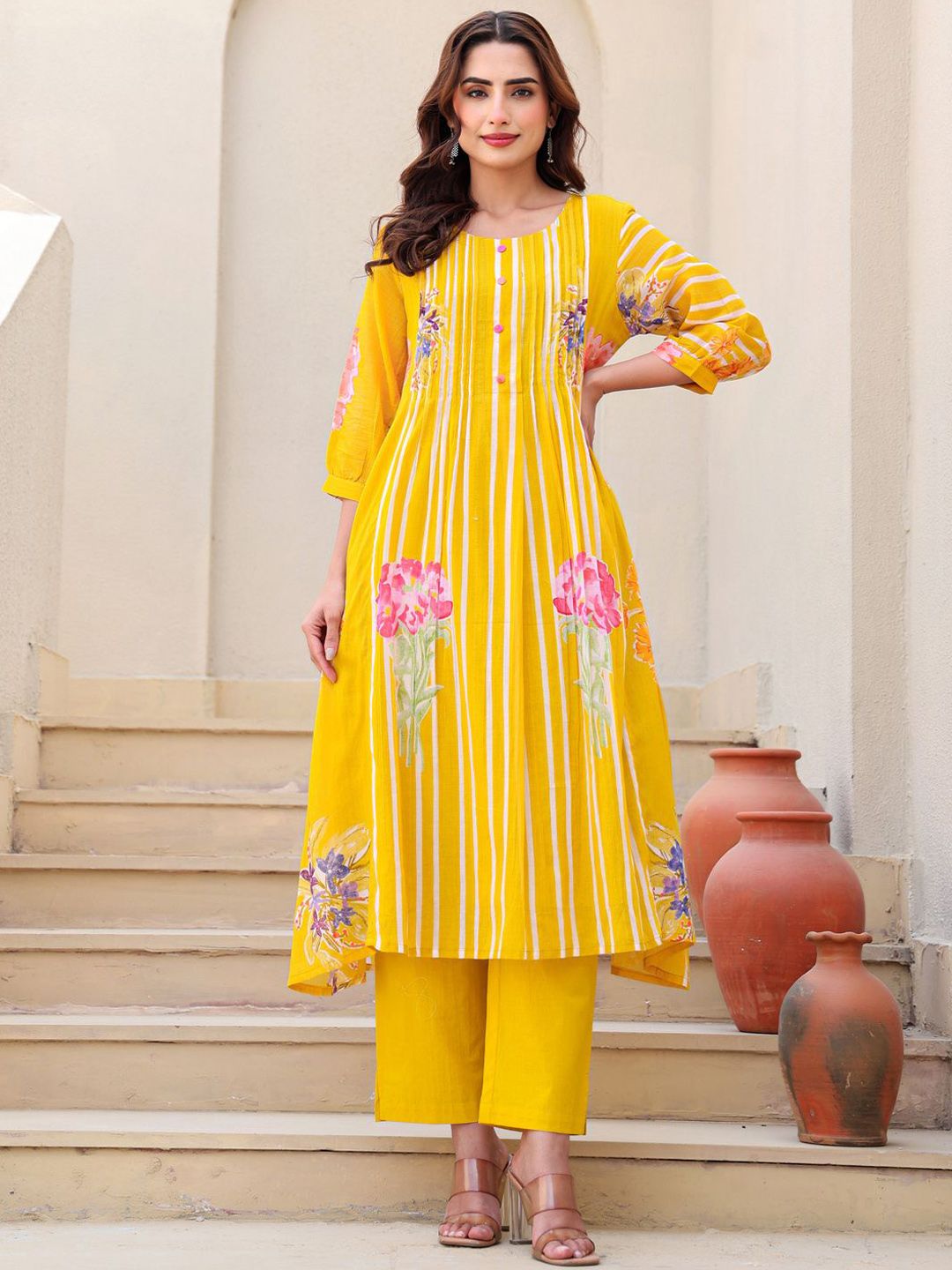 Floral Printed A-Line Pure Cotton Kurta With Trousers
