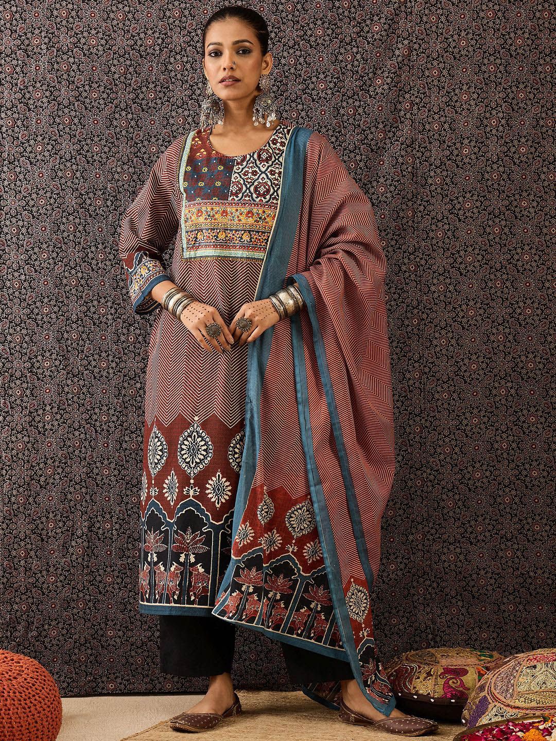 Dhiyona IE Women Ethnic Motifs Printed Regular Sequinned Pure Cotton Kurta with Trousers & With Dupatta