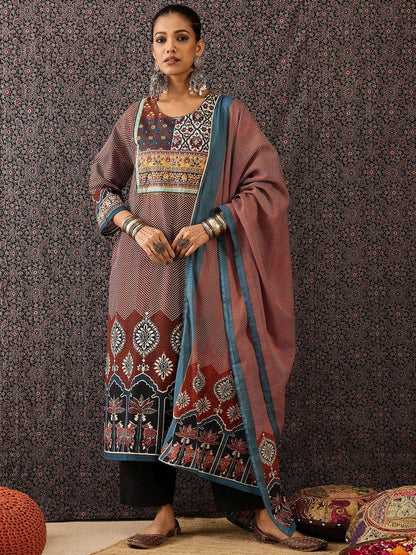 Dhiyona IE Women Ethnic Motifs Printed Regular Sequinned Pure Cotton Kurta with Trousers & With Dupatta