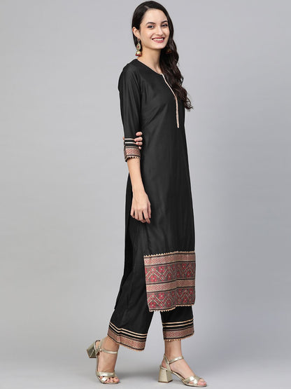 Dhiyona IE Women Black & Golden Solid Kurta with Palazzos & Dupatta