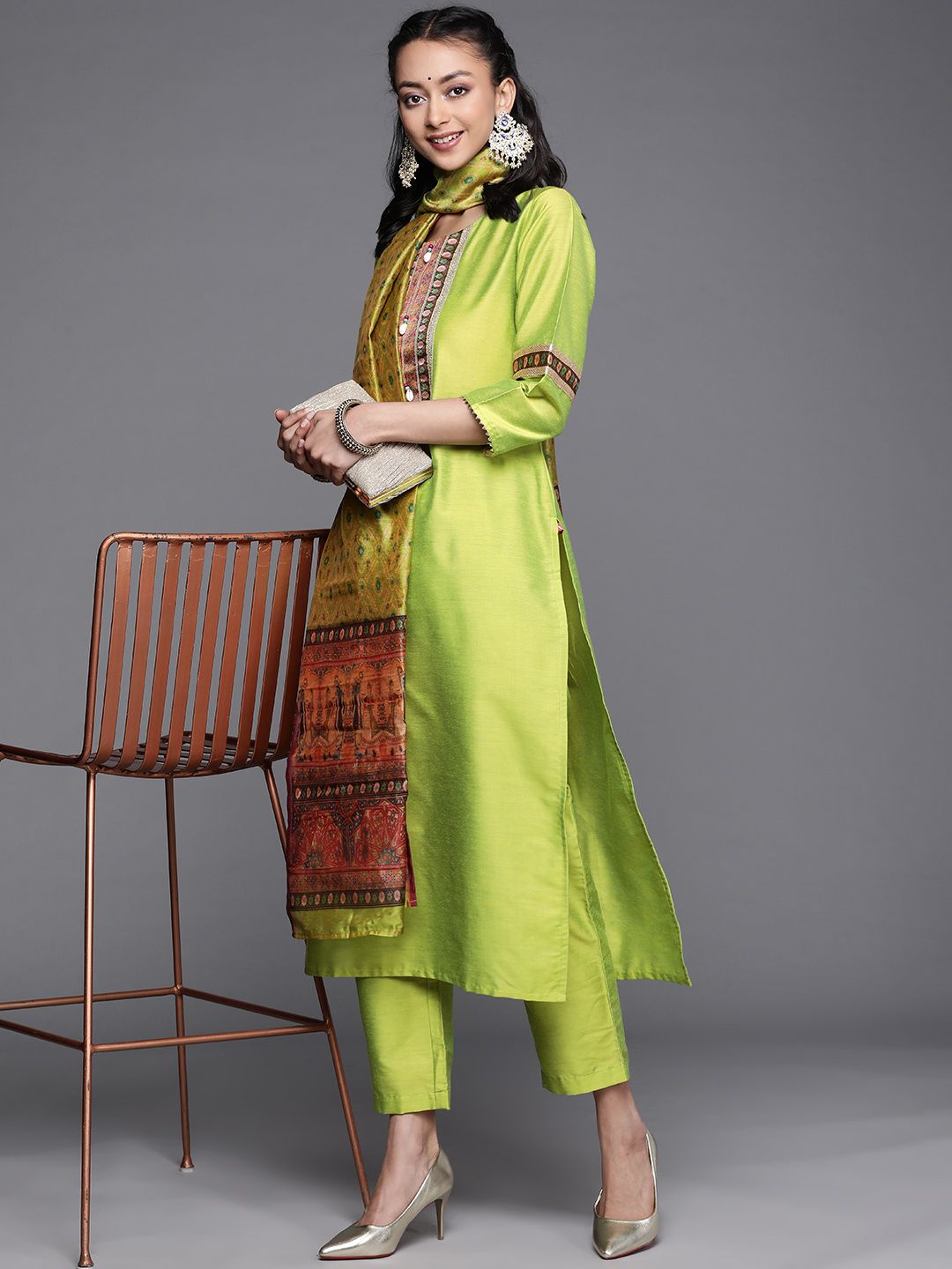 Dhiyona VA Women's Lime Green Ethnic Motifs Yoke Design Beads and Stones Kurta with Trousers & With Dupatta