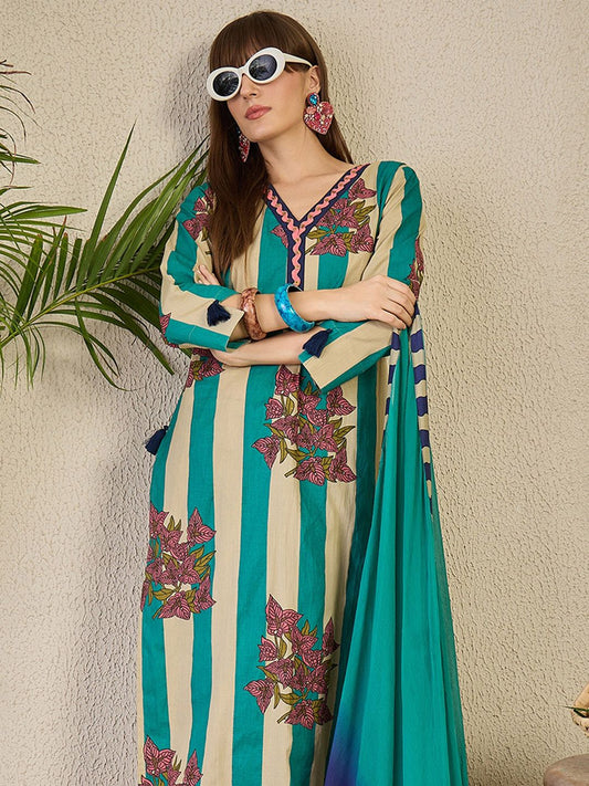 Women Floral Printed Pure Cotton V-Neck Kurta with Trousers & With Dupatta