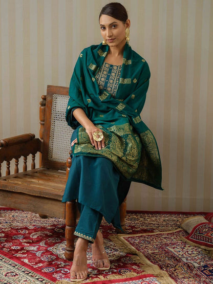 Dhiyona OD  Ethnic Motifs Embroidered Straight Kurta & Trousers With Dupatta