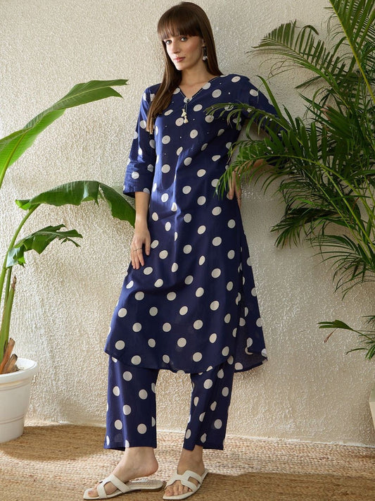 Dhiyona IE Printed V-Neck Three-Quarter Sleeves Pure Cotton Tunic And Trousers