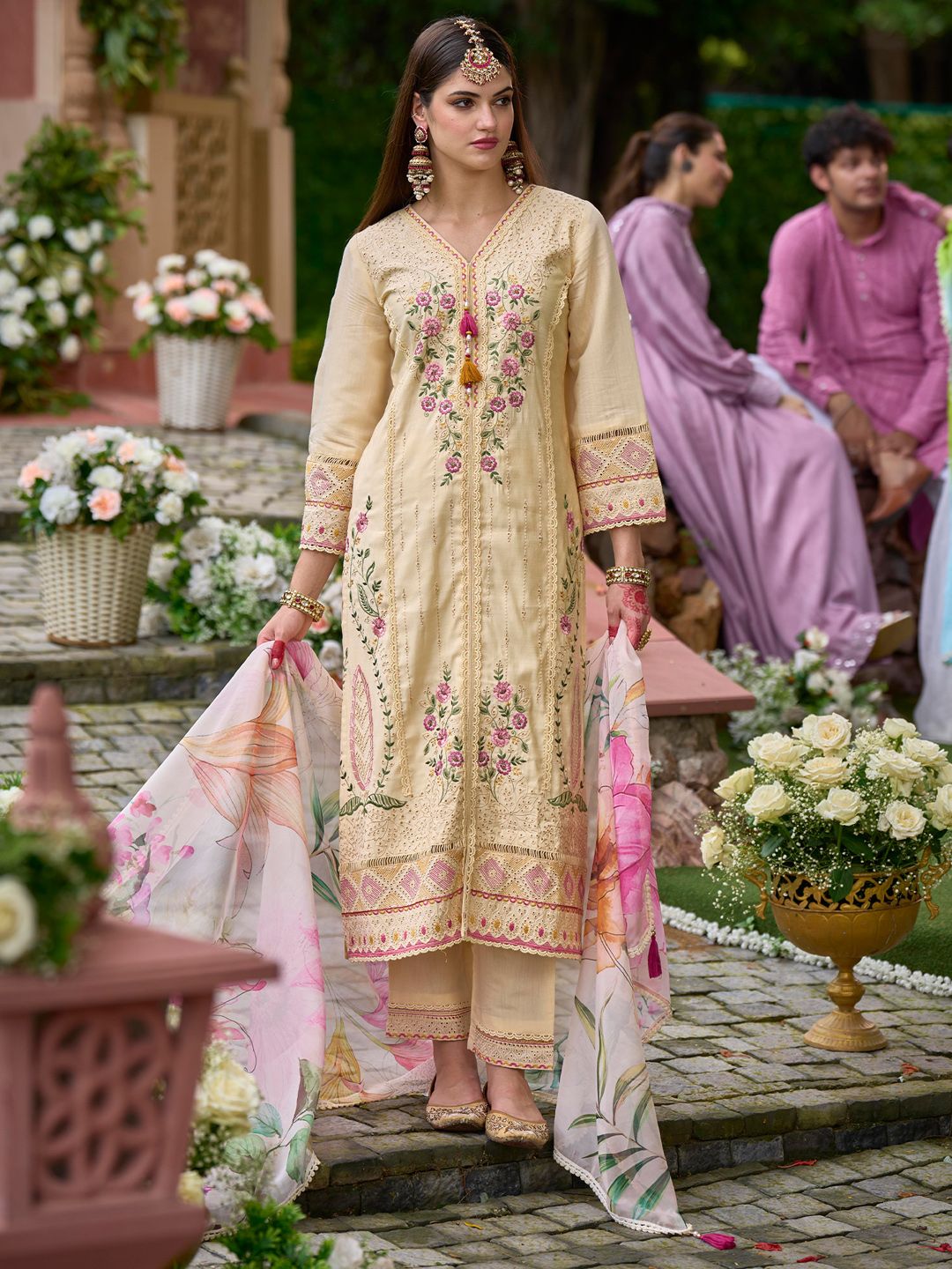 Women Ethnic Motifs Embroidered Panelled Thread Work Kurta with Trousers & With Dupatta